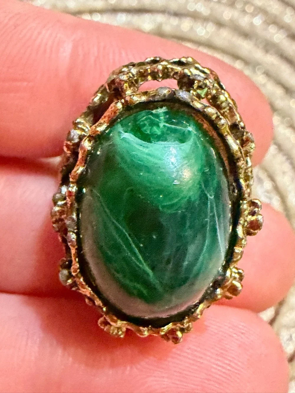 Vintage Style Green Stone Statement Ring Adjustable Gold Tone Cabochan Oval Boho